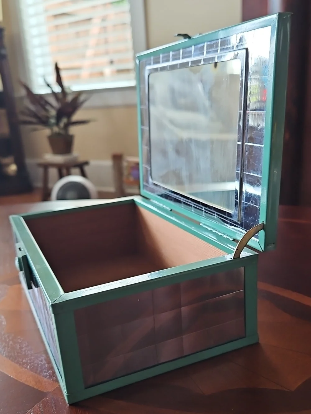 Antique Art Deco Mirror Tile & Wood/Metal Vanity Jewelry Box-Anton Pieck